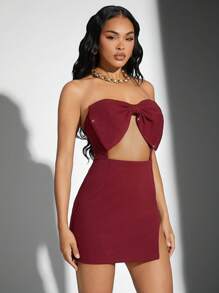 Hauture Big Bow Gem Trim Cut Out Side Slit Mini Dress - Burgundy - View 4