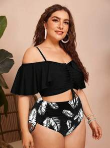 Swim Lushoire Plus Size Summer Beach Solid Color Spaghetti Straps Drawstring Top And Allover Print Triangle Bikini Bottom Set
