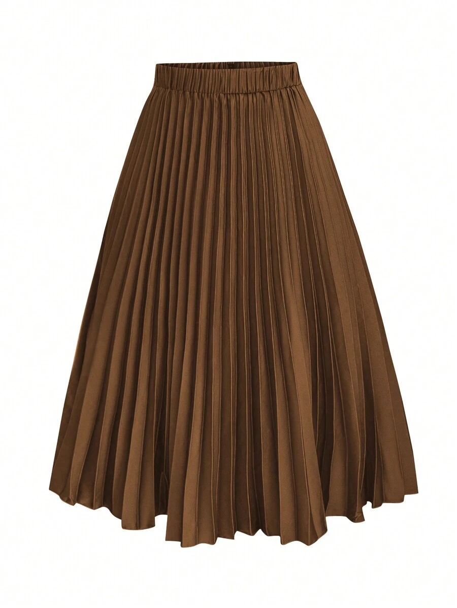 SHEIN Clasi Plus Solid Pleated Skirt For Summer Fall - Khaki - View 1