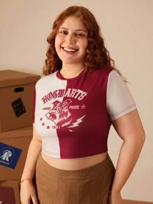 HARRY POTTER X SHEIN Camiseta de talla grande casual clásica con bloque de color y diseño de Hogwarts, adecuada para uso diario