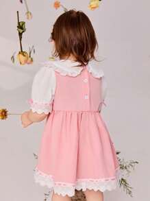 SHEIN Baby Girl Sweet Color-Block Peter Pan Collar Dress, Summer - Pink - View 2