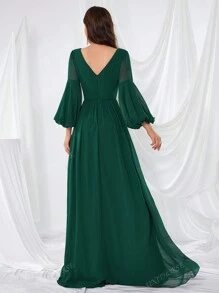 UNITHORSE Front And Back V-Neck Bell Sleeve Lantern Dress Formal Dress Bridesmaid Dress