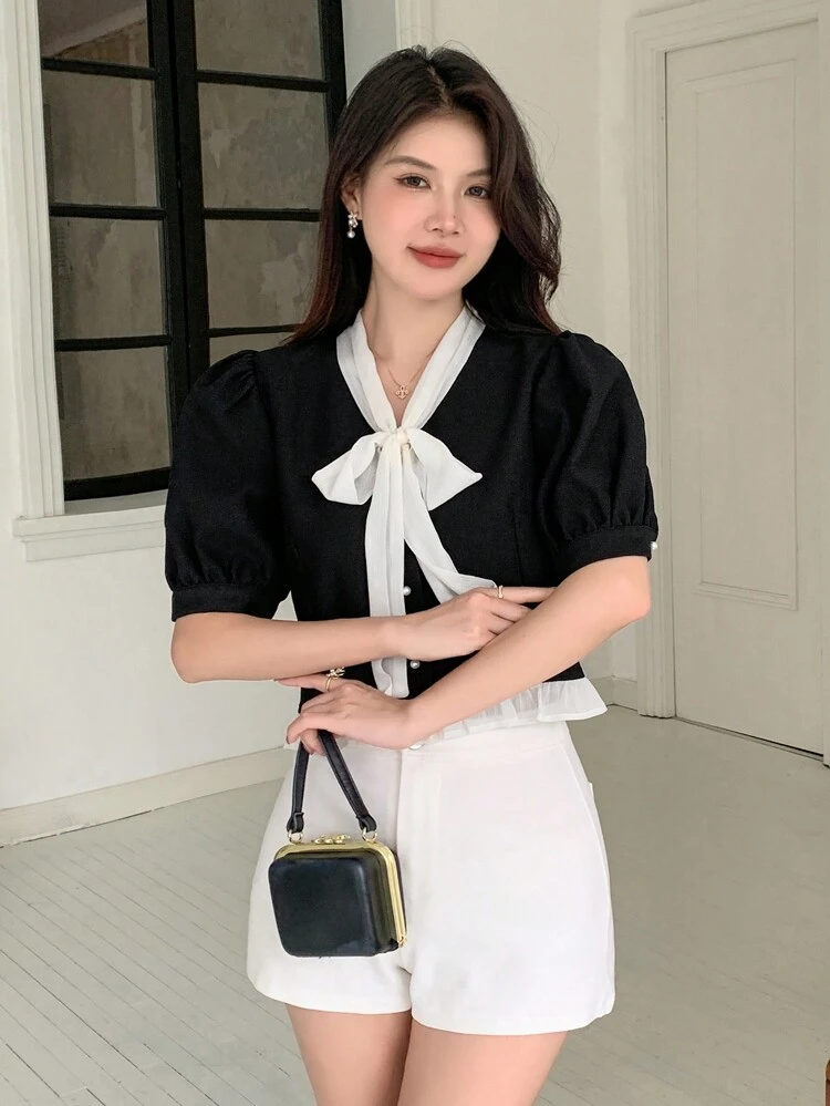 Women's Elegant Color Blocking Bowknot Tie Puff Sleeve Jacket For Summer