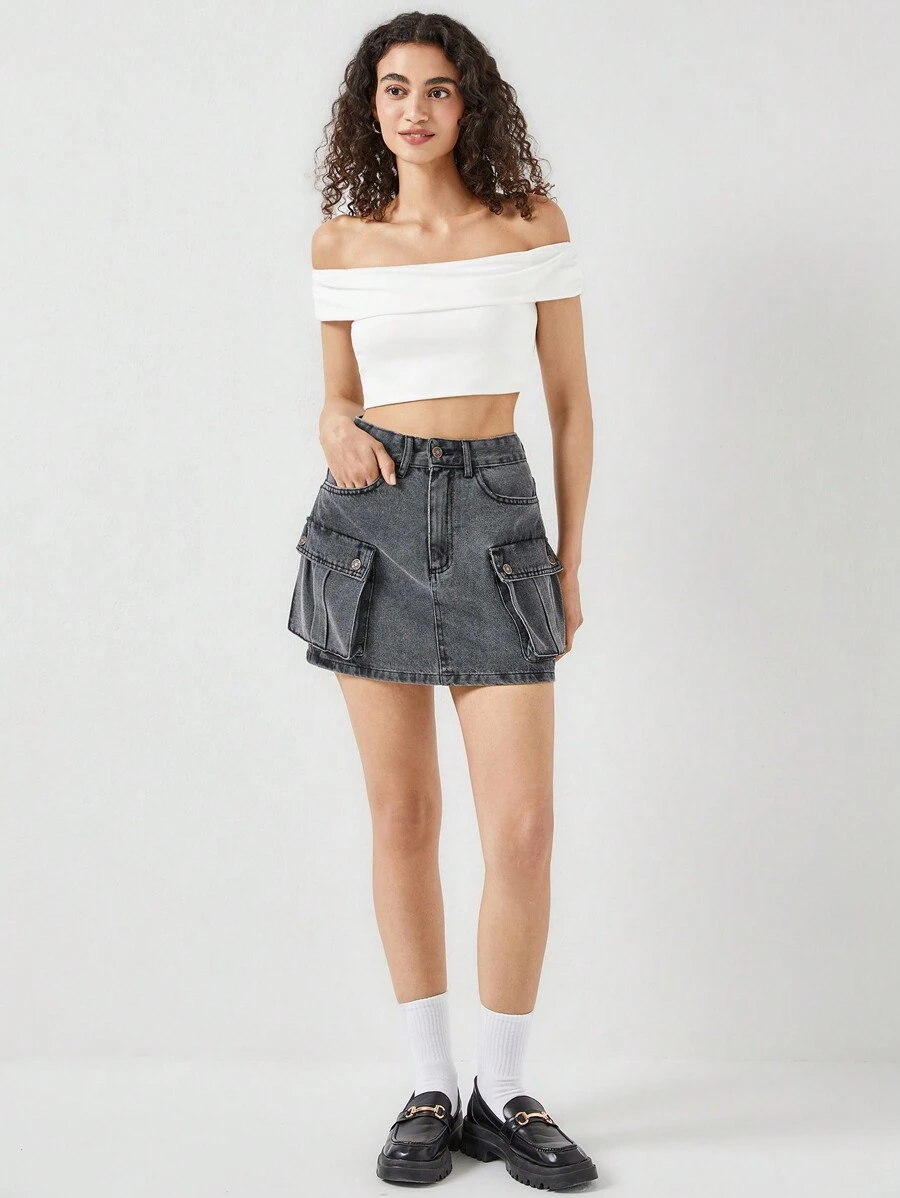 SHEIN Cottnline HIGH  WAIST MINI SKIRT CARGO POCKETS - Grey - View 1