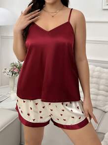 Plus Size Satin Camisole Top And Color-Block Heart Printed Shorts Pajama Set - Burgundy - View 4