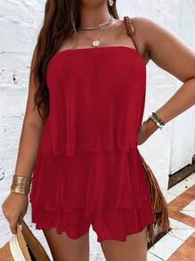 SHEIN Clasi Conjunto de top tubo rojo sólido y shorts para vacaciones de verano - Burdeos - Ver 1