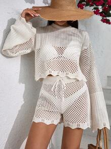 EURMUSE Hollow Out Short & Knit Top Cover Up Set, For Summer Beach Vacation - Beige - View 2