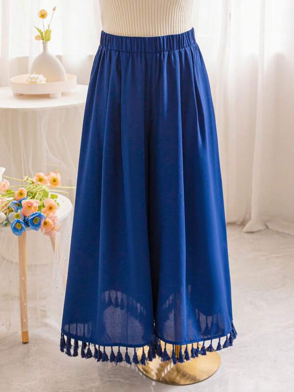 Soleia Vacanță ocazională bleumarin cu centură elastică în talie Decorație cu ciucuri Pantaloni largi și confortabili cu picior largi de mărime mare