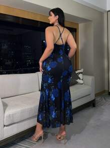 Flirla Große Größen Kleid mit Blumen Muster, Kreuzrücken, Trägerkleid, für Sommer Maxi Damen Outfit