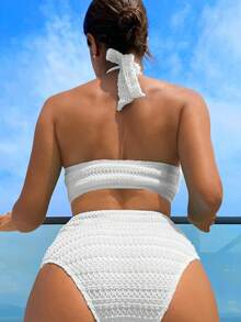 SHEIN Swim Áo tắm một mảnh màu trơn đi biển mùa hè có dây đeo - trắng - Xem 2