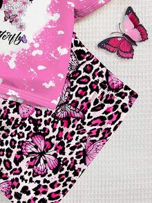 Set de 2 piezas de conjunto de ropa de playa con estampado de mariposa rosa y leopardo, lindo, casual de manga corta y pantalones cortos para niñas jóvenes, adecuado para el verano - Multicolor - Ver 4