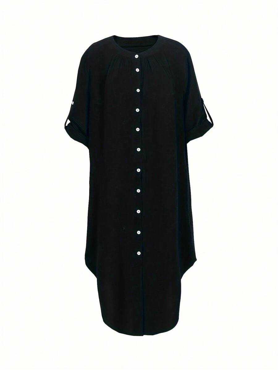 Calvaya Plus Button Front Roll Up Sleeve Dress For Summer - Black - View 1