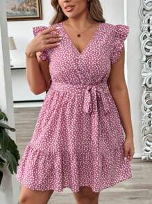 SHEIN LUNE 粉色碎花荷叶袖系腰连衣裙 - 粉色 - 查看 6