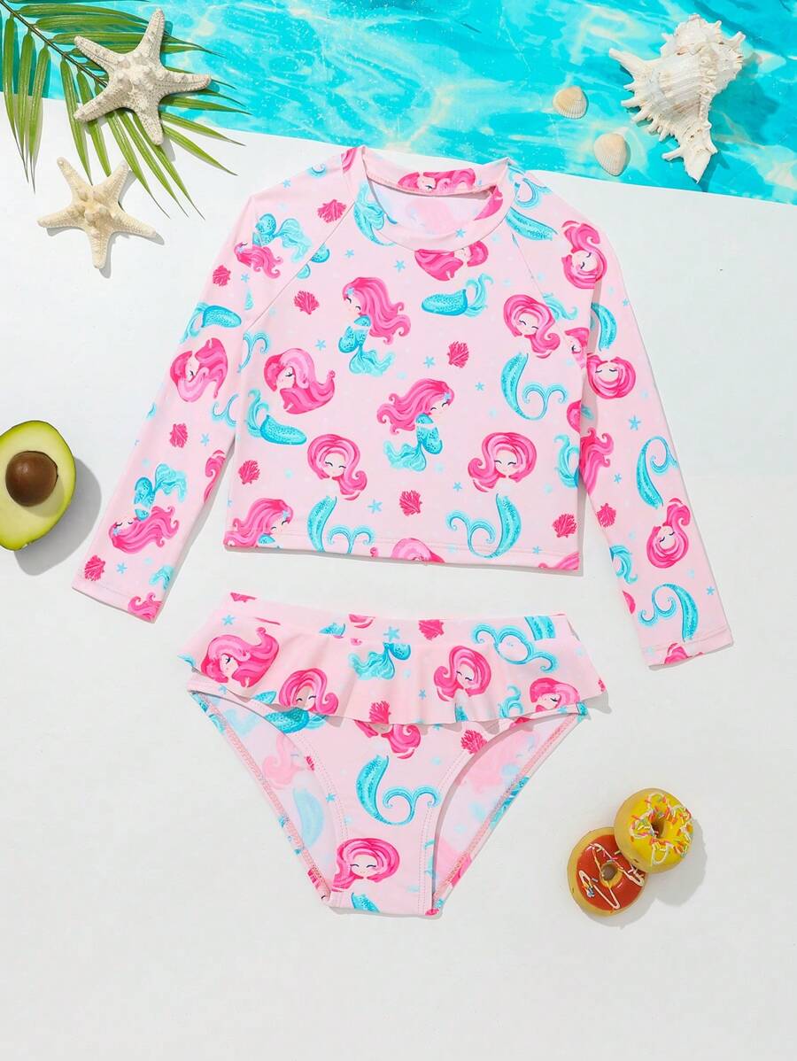 Young Girl Cartoon Printed Tankini Set Summer Beach - Pink - View 1