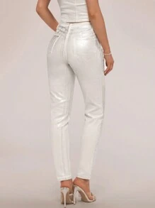 Forever 21 Quần jean nữ có họa tiết kim loại có túi sành điệu - trắng - Xem 2
