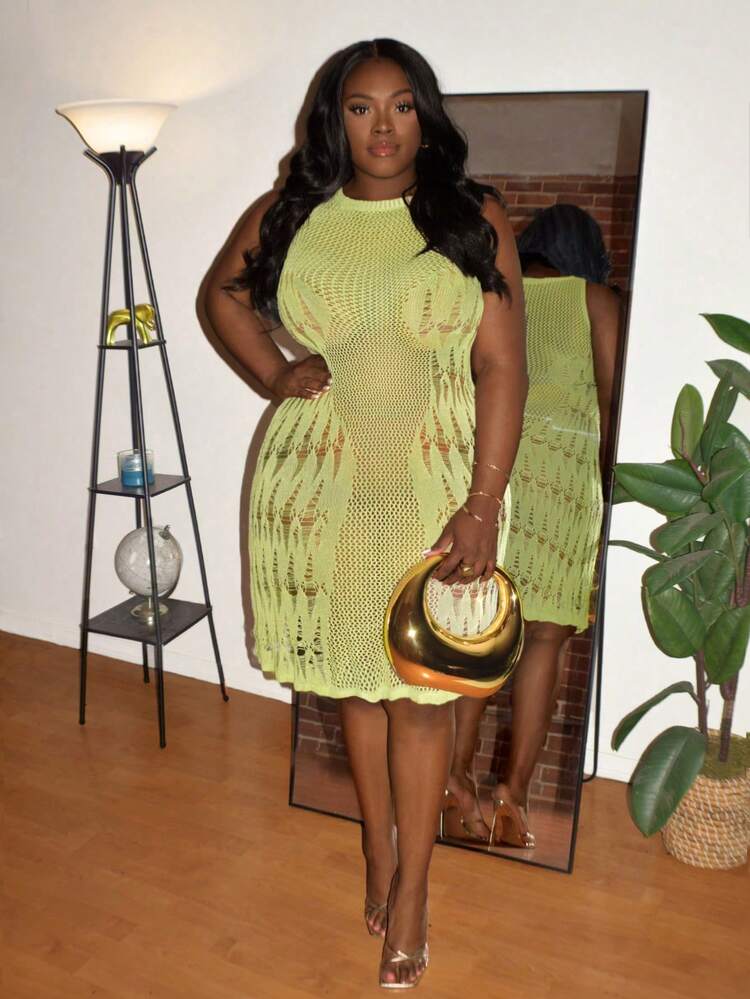 Plus Size Solid Color Hollow Out Sleeveless Sweater Dress, Perfect For Summer Vacation