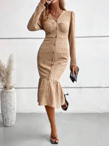 SHEIN LUNE Robe boutonnée avec œillets brodés et ourlet à volants pour l'été - Nude - Voir 5