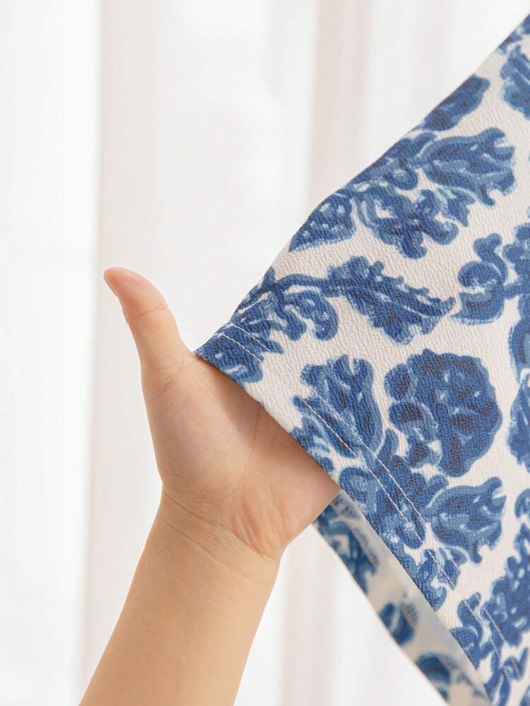 WYWH Vacation Women's Blue & White Retro Floral One-Shoulder Top With Ruffle Trim Plus Size 2pcs/Set