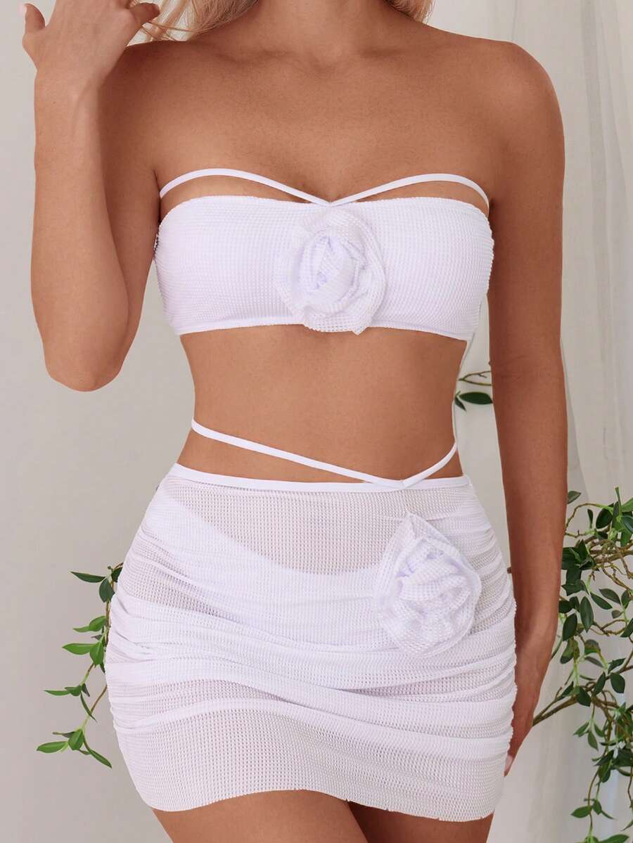 Swim Vcay Women's Summer Beach Solid Color 3-Piece Bikini Set With 3D Flower Decoration - White - View 1