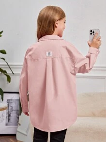 SHEIN Tween Girls' Woven Solid Color Shirt With Turn-Down Collar, Loose-Fit And Long Sleeve For Vacation