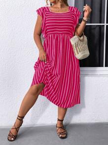 SHEIN LUNE 夏季加條紋狀印花帽袖連衣裙 - 玫紅色 - 查看 1