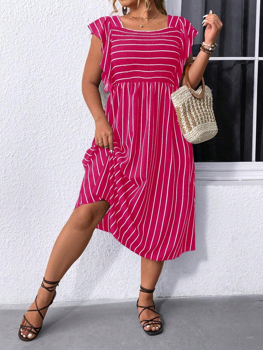 SHEIN LUNE 夏季加條紋狀印花帽袖連衣裙 - 玫紅色 - 查看 1