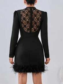 EURMUSE Solid Color Women's Slim Fit Dress With Fringe Hem - Black - View 2