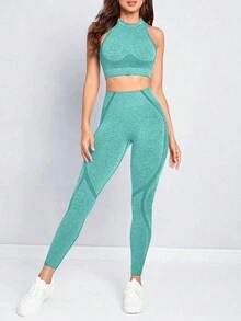Easithlete Bộ đồ thể thao Legging và áo tập Yoga liền mạch dành cho nữ - màu xanh lá - Xem 3