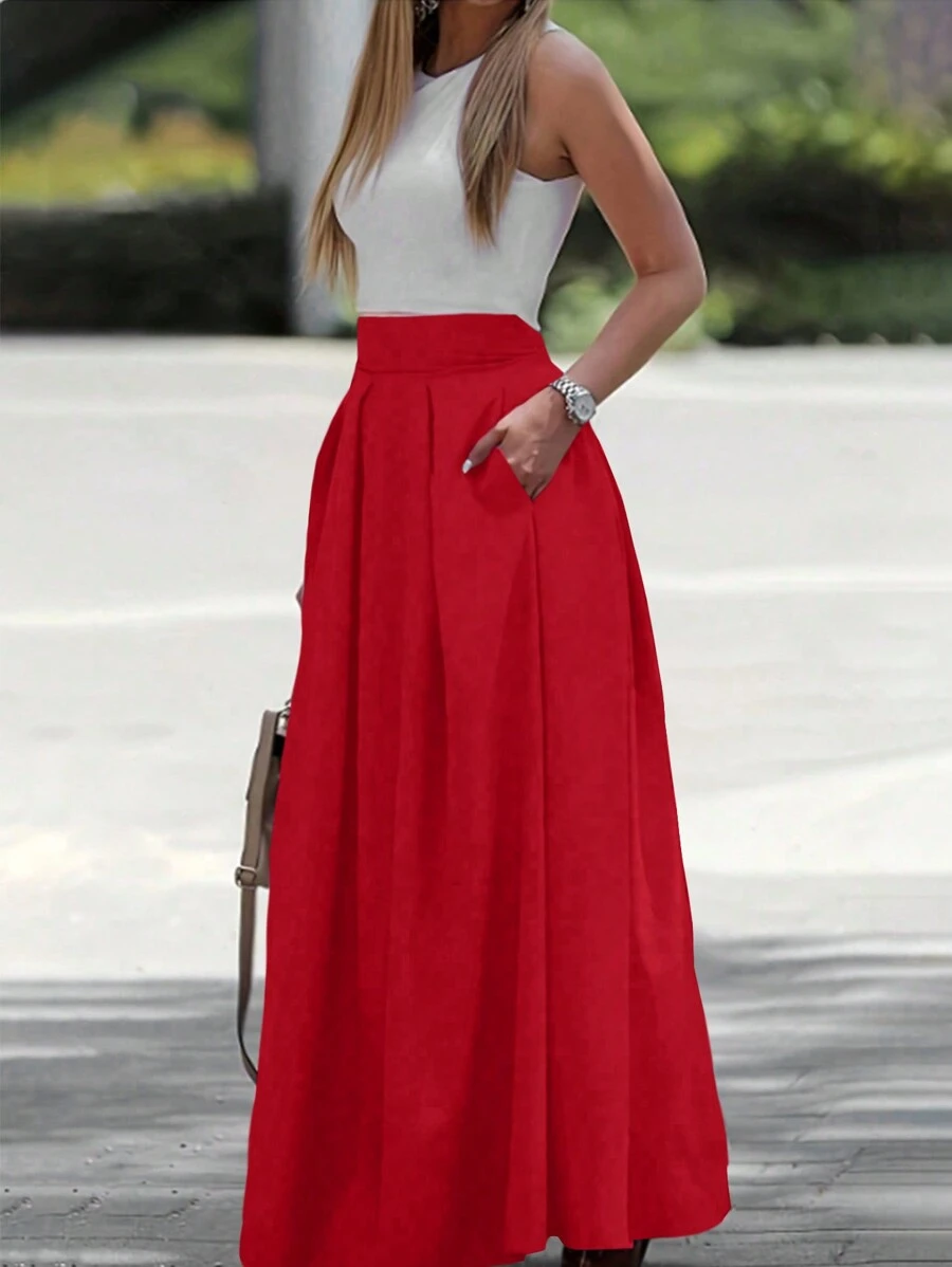EMERY ROSE Solid Color Elegant Maxi Skirt With Side Pockets For New Year Clothes - Red - View 1