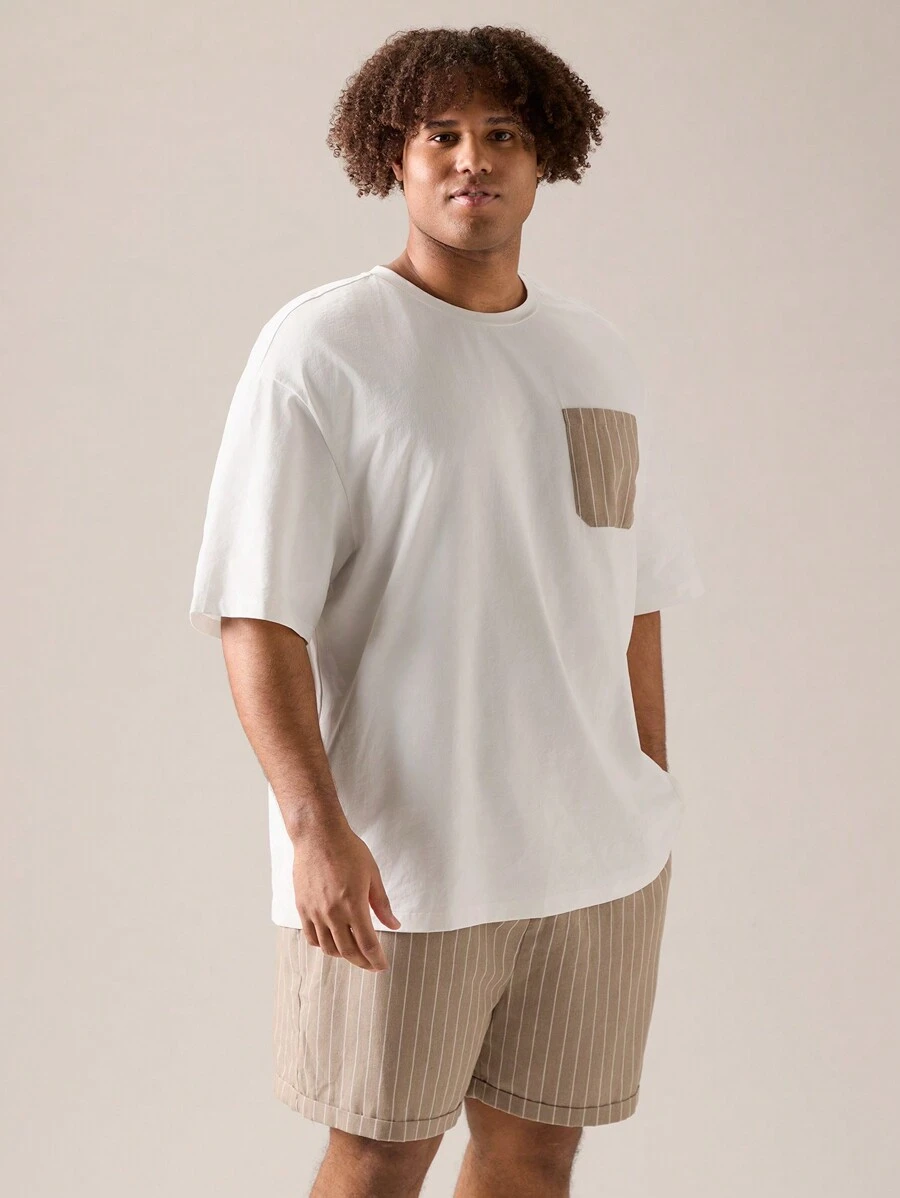 Manfinity VCAY 2pcs/Set Plus Size Men's Casual Knitted Loose Drop-Shoulder Short Sleeve T-Shirt And Woven Striped Straight Shorts, Suitable For Summer And Daily Wear - Multicolor - View 1