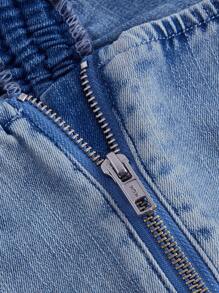 SHEIN MOD 女士深V領丹寧短上衣，藍色，彈性布料 - 中等水洗藍 - 查看 4