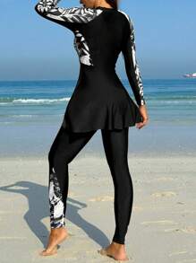 Swim Mulvari Women's Summer Beach Plant Printed High Neck Zipper Top With Ruffle Hem Long Sleeve And Pants Vacation Burkini Swimwear Set Arabic Clothing