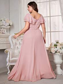 Plus Size Pink With V-Neck And Ruffle Trim Chiffon Bridesmaid Dress - Pink - View 2
