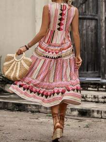 Breezaya Vacation Style Geometric Printed Notched Neck Dress With Ruffled Hem For Summer - Multicolor - View 2