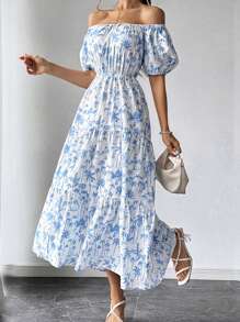 SHEIN Privé Ladies' Blue And White Floral Off Shoulder Puff Sleeve Long Summer Dress - Blue and White - View 4