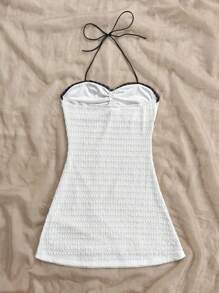 Soleia 白色針織紋理彈性帶蕾絲浪漫休閒度假女裝連衣裙，夏季裙子