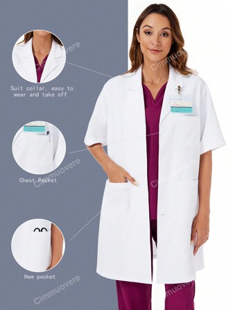 Unisex Loose Short Sleeve Mid-Length White Lab Coat