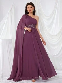 UNITHORSE Asymmetrical Neck Chiffon Dress With Embroidered Sequins And Beads On Waist, Party Dress Wedding Guest Dress Formal Dress Evening Dress,Gown - Red Violet - View 4
