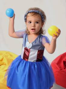 SHEIN Baby Girls' Cute & Fun Heart Symbols Net Yarn Flutter Sleeve Dress, Casual - Multicolor - View 6