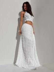 Aloruh 夏季假期實心集褶無背背心短款上衣和長裙 - 杏色 - 查看 7