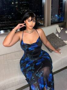 Flirla Große Größen Kleid mit Blumen Muster, Kreuzrücken, Trägerkleid, für Sommer Maxi Damen Outfit