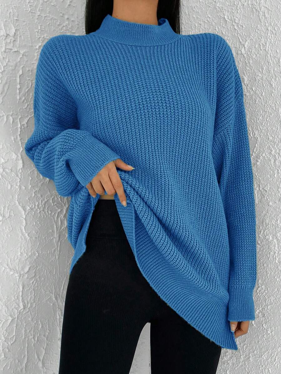 SHEIN Cottnline Suéter De Hombros Caídos Con Cuello Alto De Color Liso - Azul - Ver 1