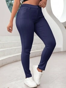 High Waist Skinny Trousers - Blue - View 3