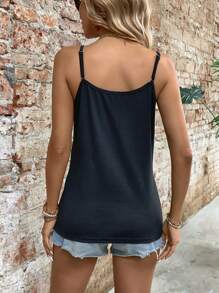 SHEIN LUNE 女士夏季純色對比蕾絲交叉肩帶背心上衣 - 黑色 - 查看 2