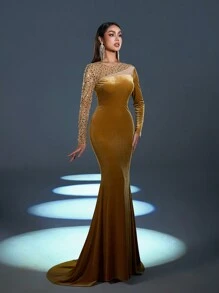 Faeriesty Contrast Sequin Mermaid Hem Velvet Formal Dress - Champagne - View 1