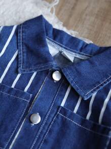 Conjunto de 3 piezas de moda para bebé niño/niña de otoño/invierno con parte superior de manga larga estampada con letras + chaqueta de mezclilla a rayas + pantalón largo de mezclilla a rayas, adecuado para uso diario, campamento, actividades casuales - Azul - Ver 3