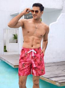 Surfspeed Men's Marble Print Drawstring Elastic Waist Loose Beach Shorts - Red - View 3