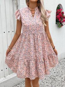 INAWLY Ditsy Floral Print Ruffle Hem Smock Pink Dress - Baby Pink - View 4