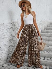 SHEIN LUNE Women's Leopard Print Wide Leg Pants With Elastic Waistband For Casual, Vacation, And Teacher's Wear - Multicolor - View 4