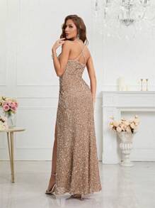 Đầm hai dây đính sequin xẻ tà UNITHORSE, đầm dạ hội trang trọng thanh lịch dành cho ngày Valentine, thích hợp cho đám cưới, dạ tiệc, lễ tốt nghiệp, tiệc tùng, đồng phục học sinh. - Màu be - Xem 3